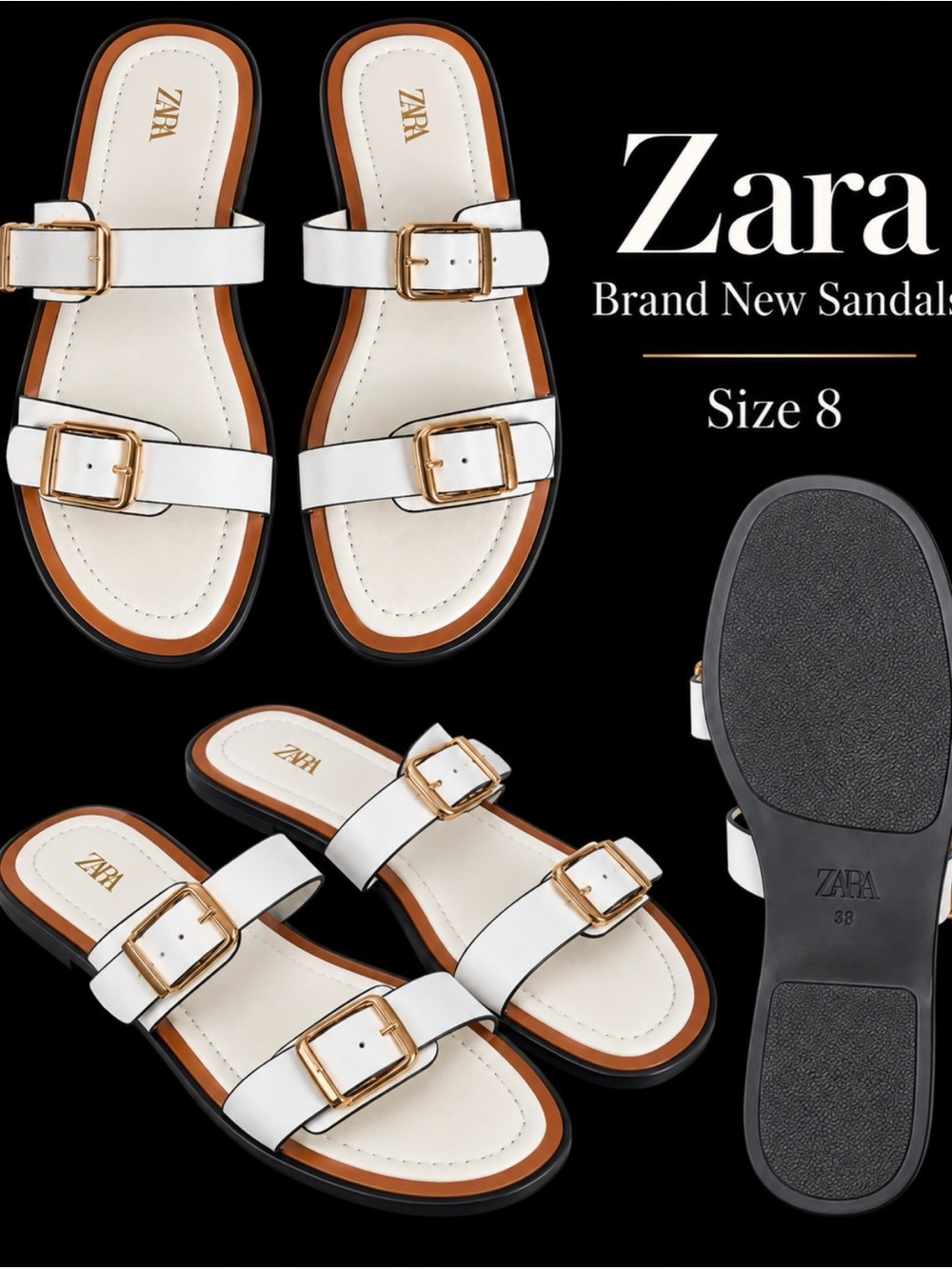 Zara White Double-Strap Slide Sandals with Gold Buckles